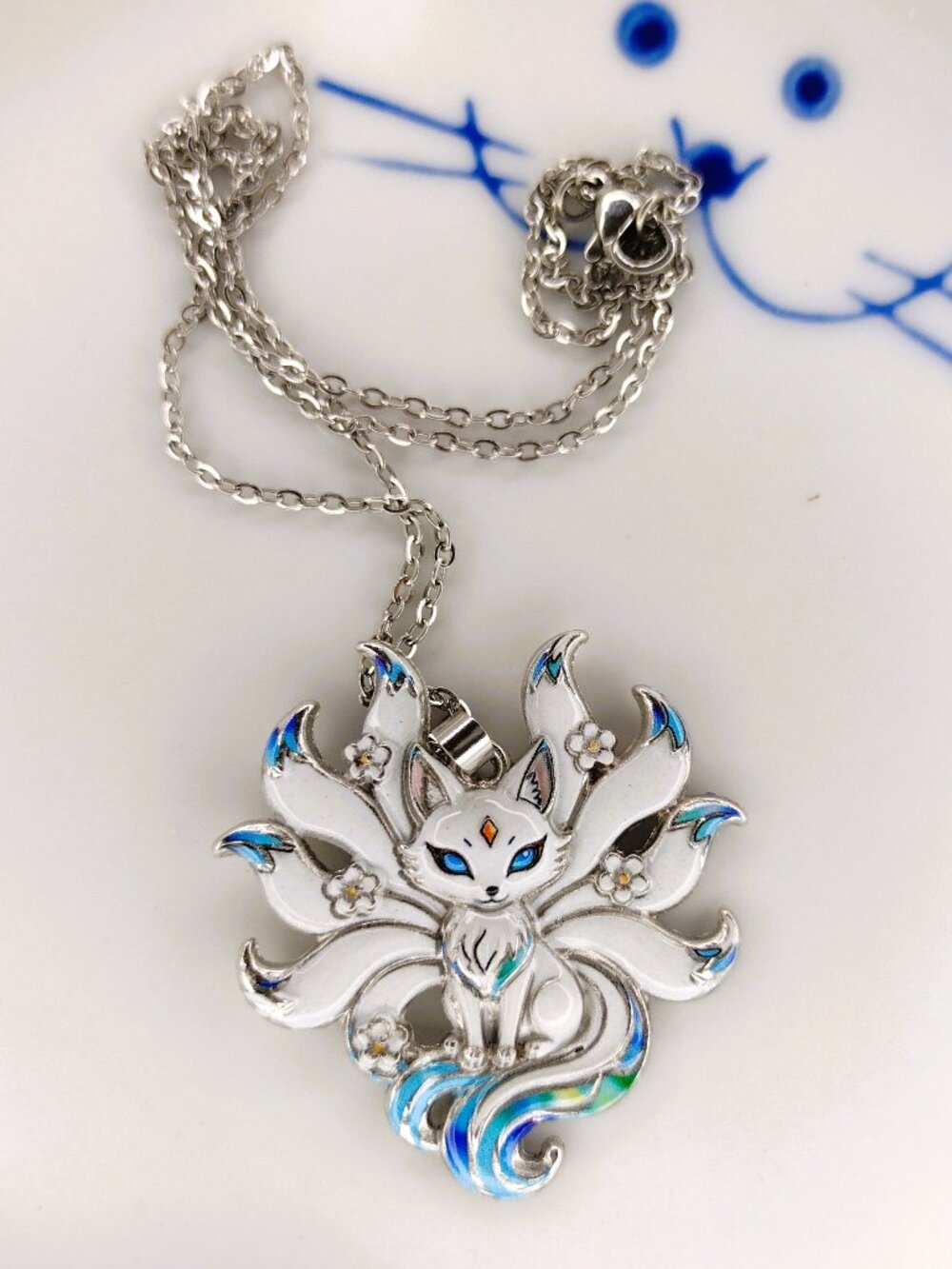 Necklace White Fox Anime Enamel Rhinestones Silver Flowers Gift Costume
